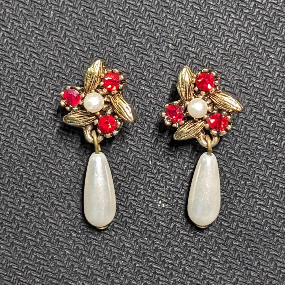 The Limited Vintage Pearl and Red Gemstone Drop Earrings Preowned